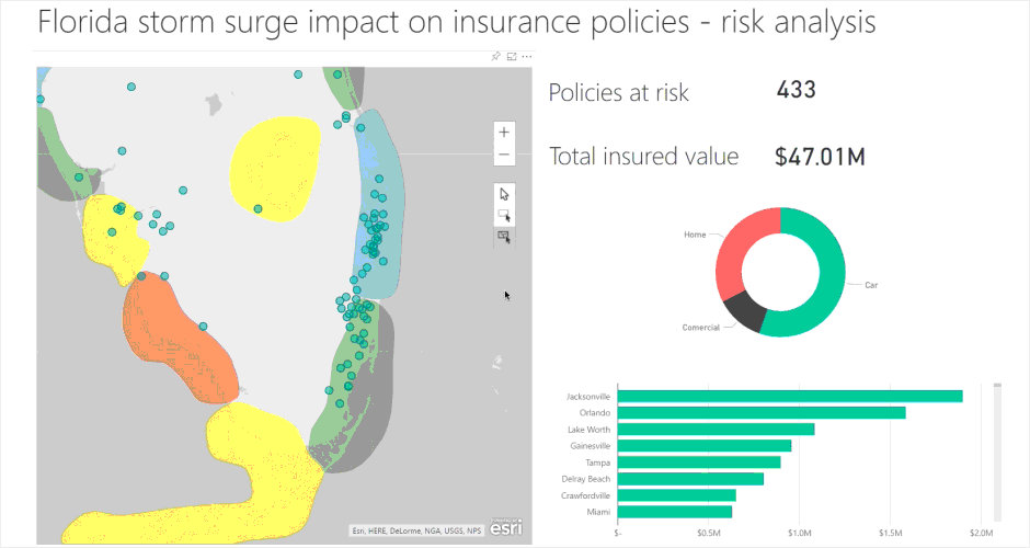 An example of UI in GeoBI with interactive map of storm surge infographic