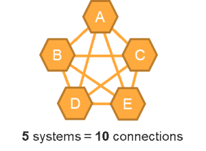diagram showing five systems connected by a more complex web