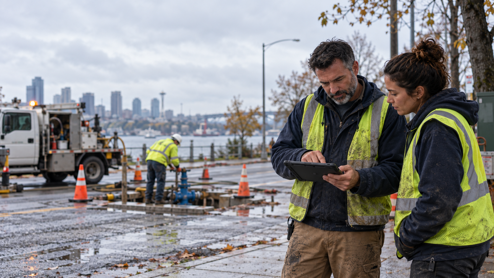 Public works staff review a tablet beside a water utility crew inspecting an asset.
